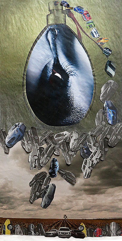 Eye on the Farm, 2014, Collage, tempera on newsprint, 24"h x 12.5"w