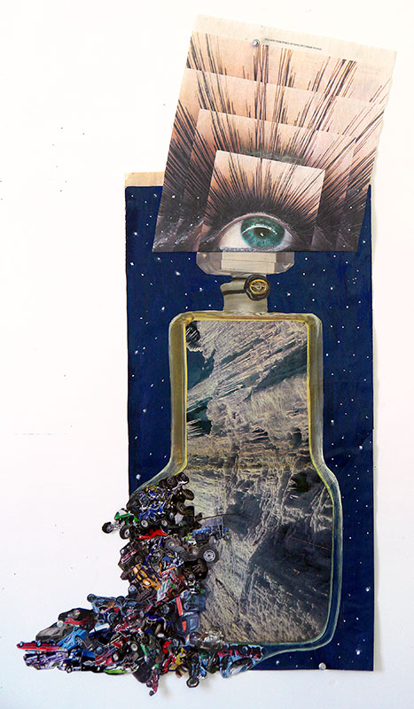 Bursting Bottle, 2014, Collage, tempera on newsprint, 37"h x 19.5"w