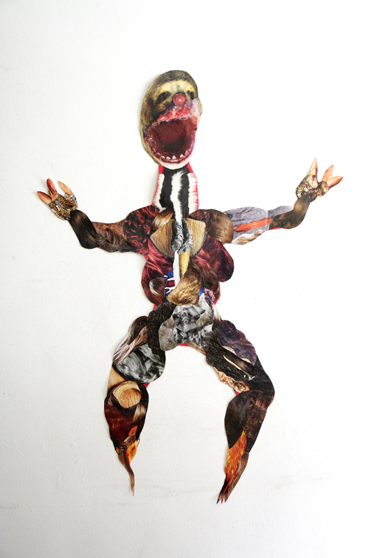 Clown of Factory Farms, 2013, 57"h x 40"w, Printed media and acrylic medium