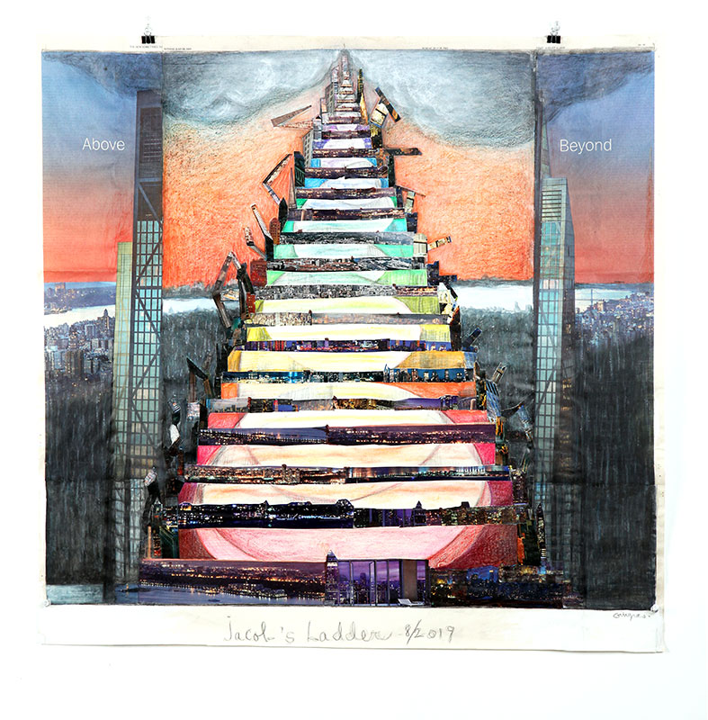 Jacob's Ladder, 2019, collage, mixed media and graphite on newsprint, 29"w x 29"h