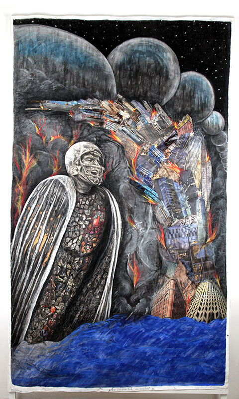 Golem, 2020, collage, mixed media, tempera and graphite on paper, 62"w x 106"h