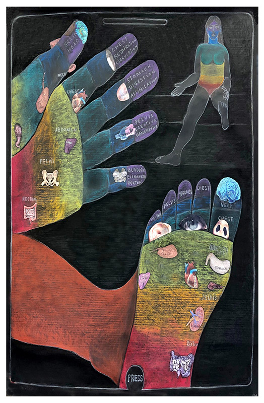 Press, Hand Foot Meridians, 2021, Collage with tempera, pastels and graphite on paper, 50” x 58”h