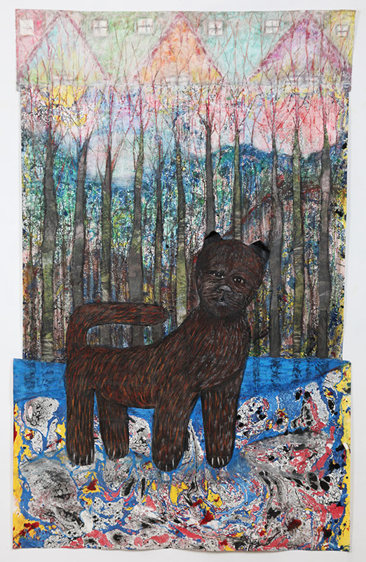 Aging Cat, 2022, Collage with tempera, pastels and graphite on paper, 42” x 69”h
