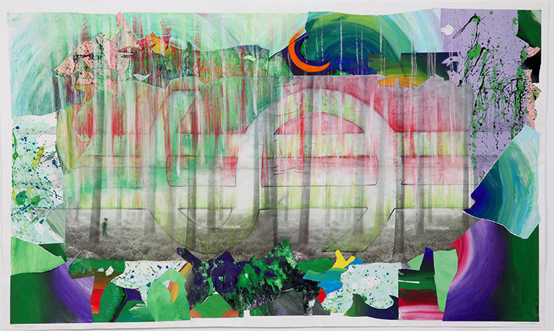 Auroras, 2022, Collage with tempera, pastels and graphite on paper, 35” x 59”w
