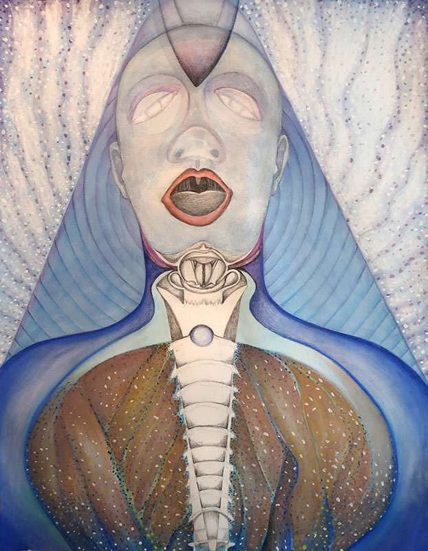 Human: Voice To Cervical, 2018, Pastels, tempera, coloring pencils and graphite on paper, 31"w x 40"h
