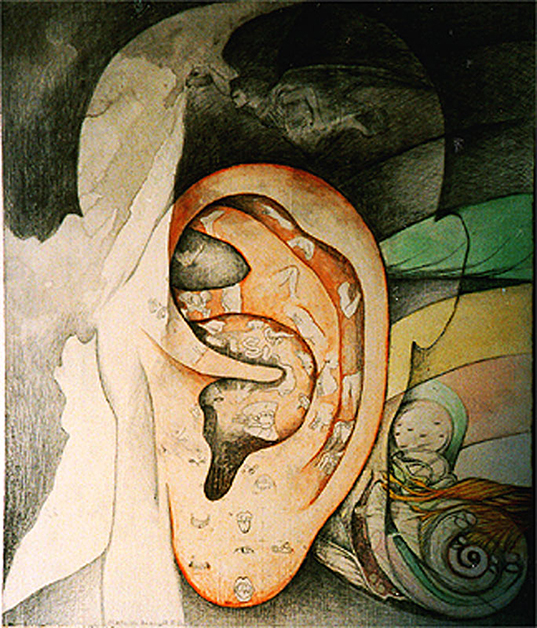 Ear, 1986, 20"w x 26"h, Drawing and watercolor on masonite