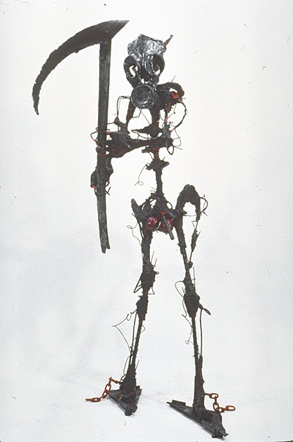 Environment (Gas Mask & Scythe), 1988, 49"h X 18"w X 43"d, terra cotta, steel and oil