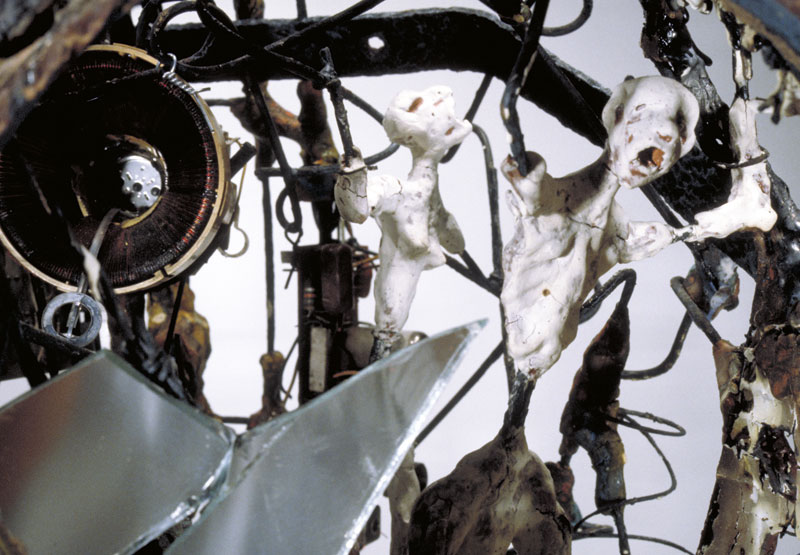 Detail: See the Truth, 1996, 41"h x 27"w x 30"d, terra cotta, steel, oil and found objects